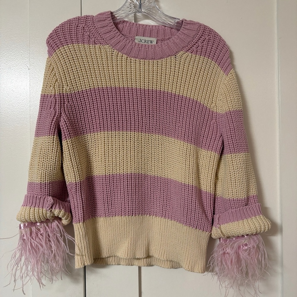 J. Crew Pink and Cream Striped Feather-Cuff Crewneck Sweater